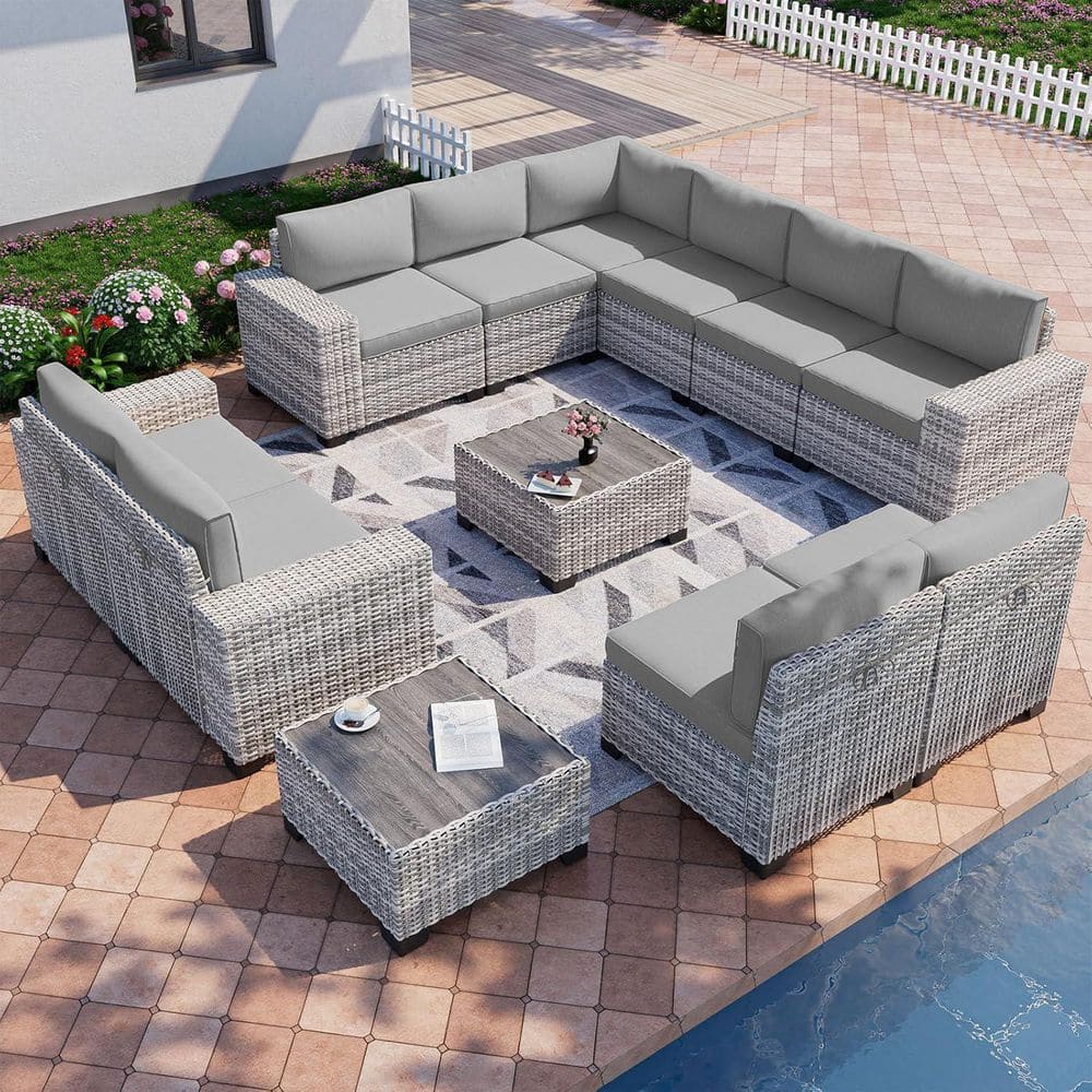12-Piece Wicker Outdoor Sectional Set Sofa Couch with Grey Cushions price history on PriceWatchPro