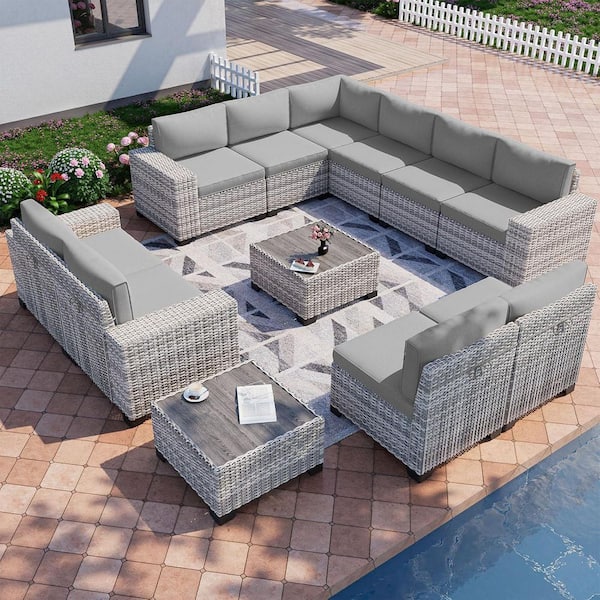 12-Piece Wicker Outdoor Sectional Set Sofa Couch with Grey Cushions