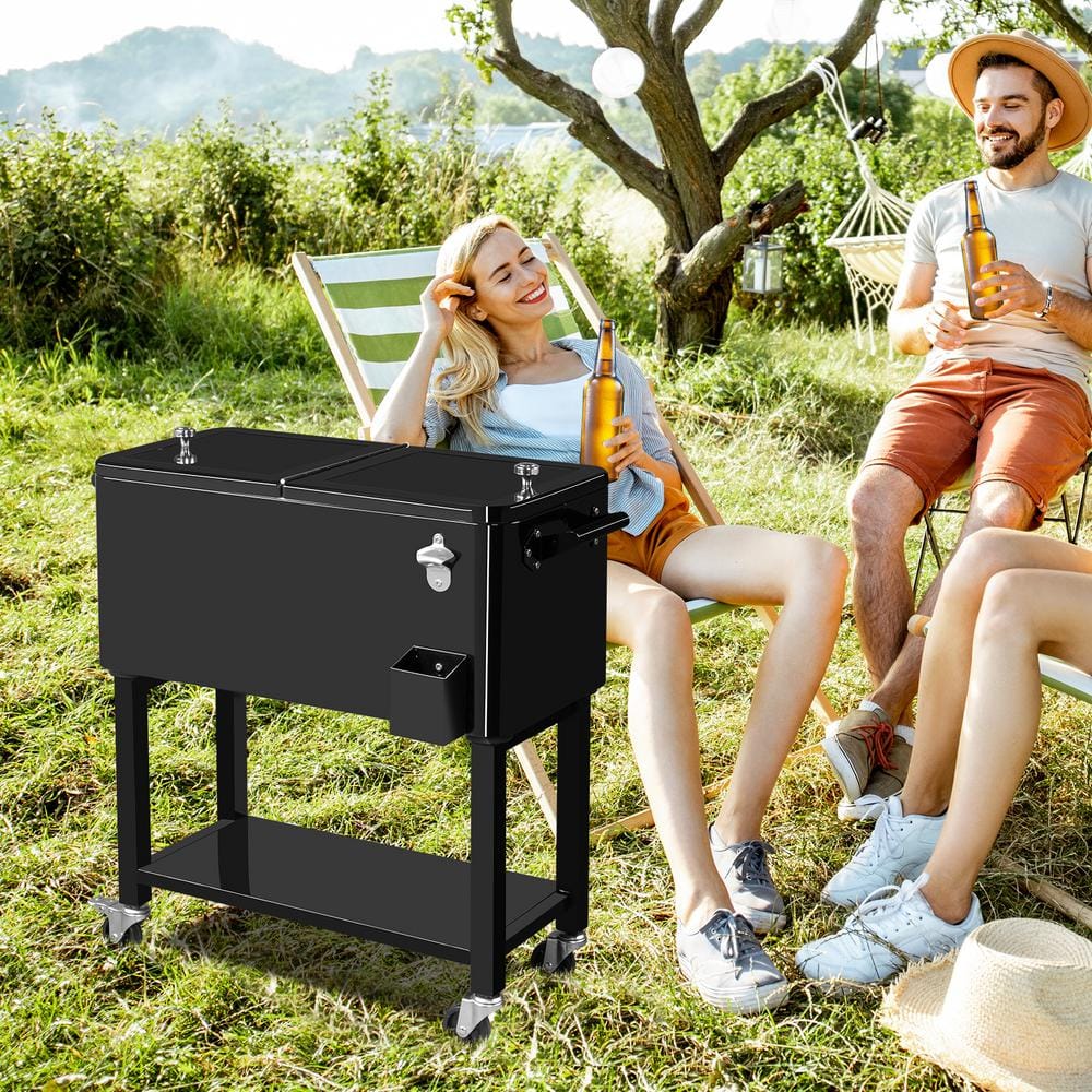 Black Metal 80 Qt. Outdoor Rolling Cooler Cart with Detached Lid