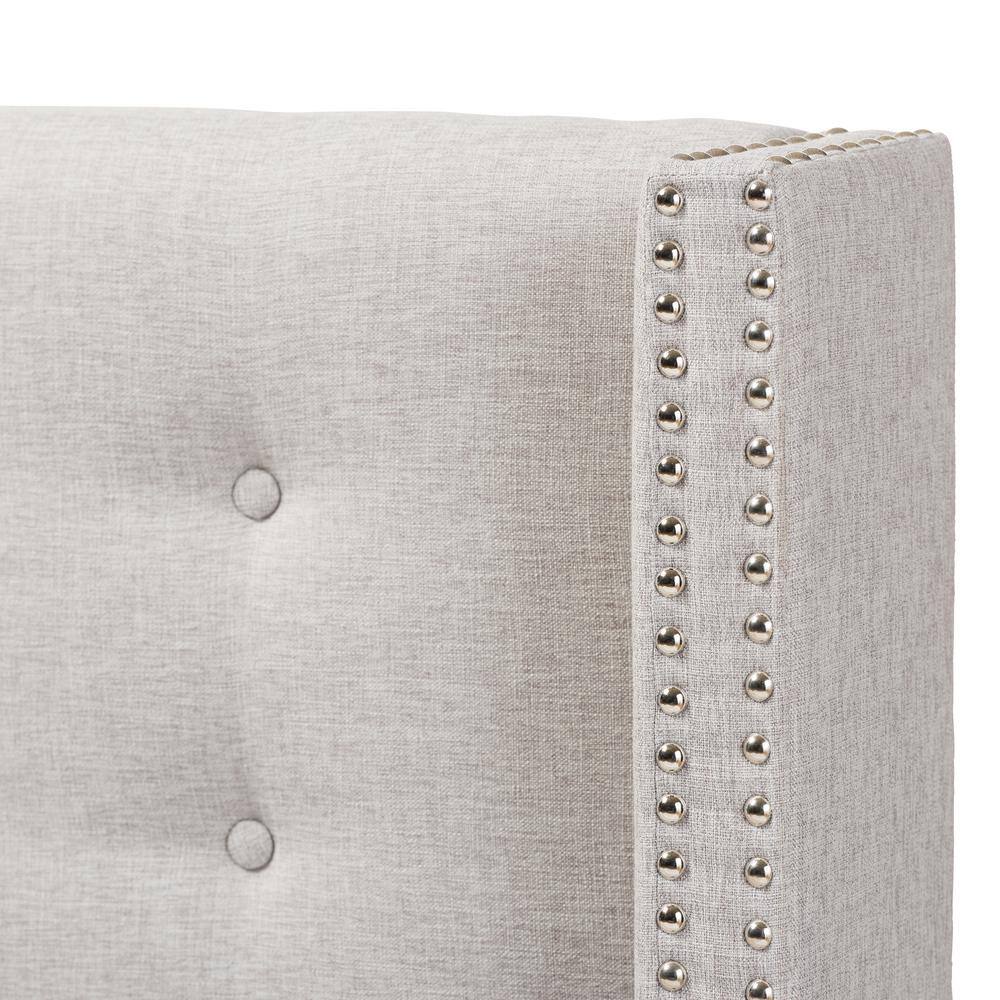 Beige Tufted Upholstered Full Wingback Headboard with Nailhead Trim