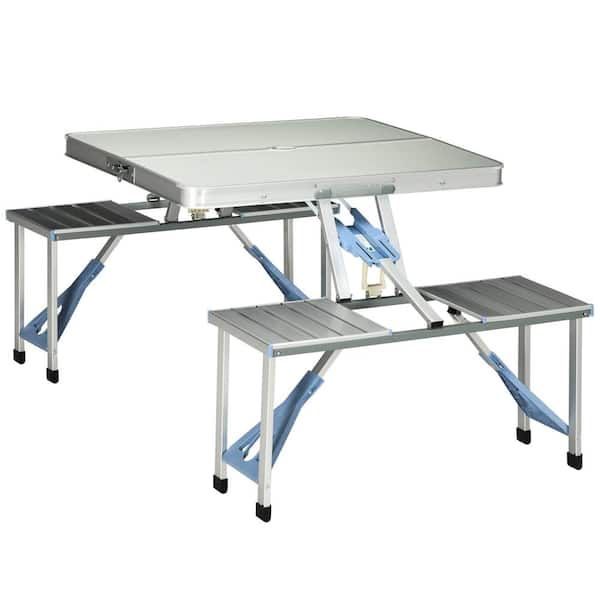 Portable 33.8 in. Silver Rectangle Aluminum Folding Picnic Table with Umbrella Hole and Bench for Patio Porch Camping