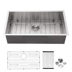 33 in. Undermount Single Bowl Zero Radius Corner 18-Gauge Silver Stainless Steel Kitchen Sink with All Accessories