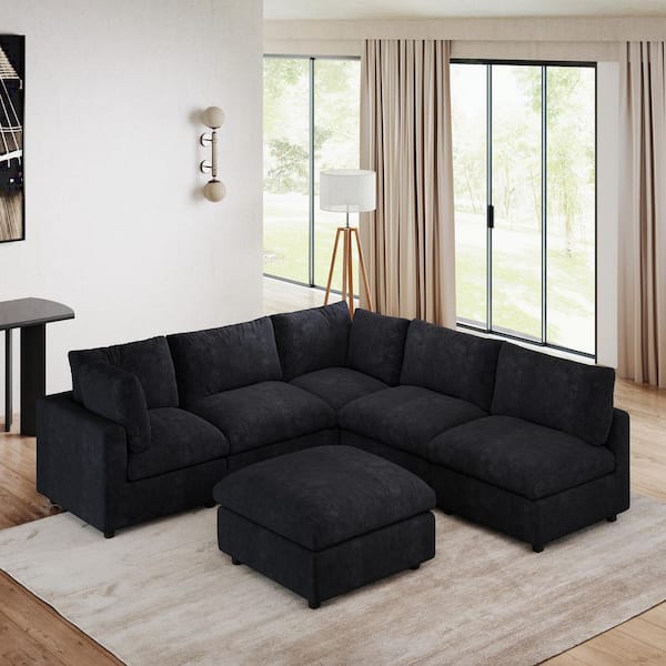 Modular Cloud Couch, 134 in. Square Arm Chenille L-shaped Sofa with Ottoman, Washable Covers for Home Theater in Black