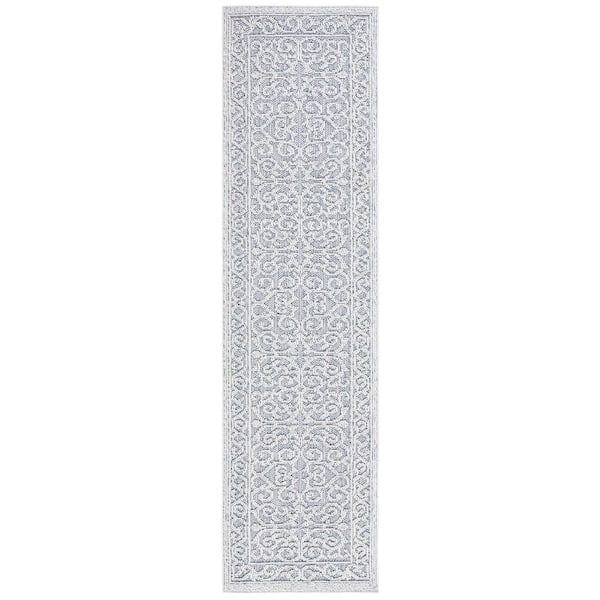 Global Blue/Gray 2 ft. x 8 ft. Ornate Border Solid Indoor/Outdoor Runner Rug