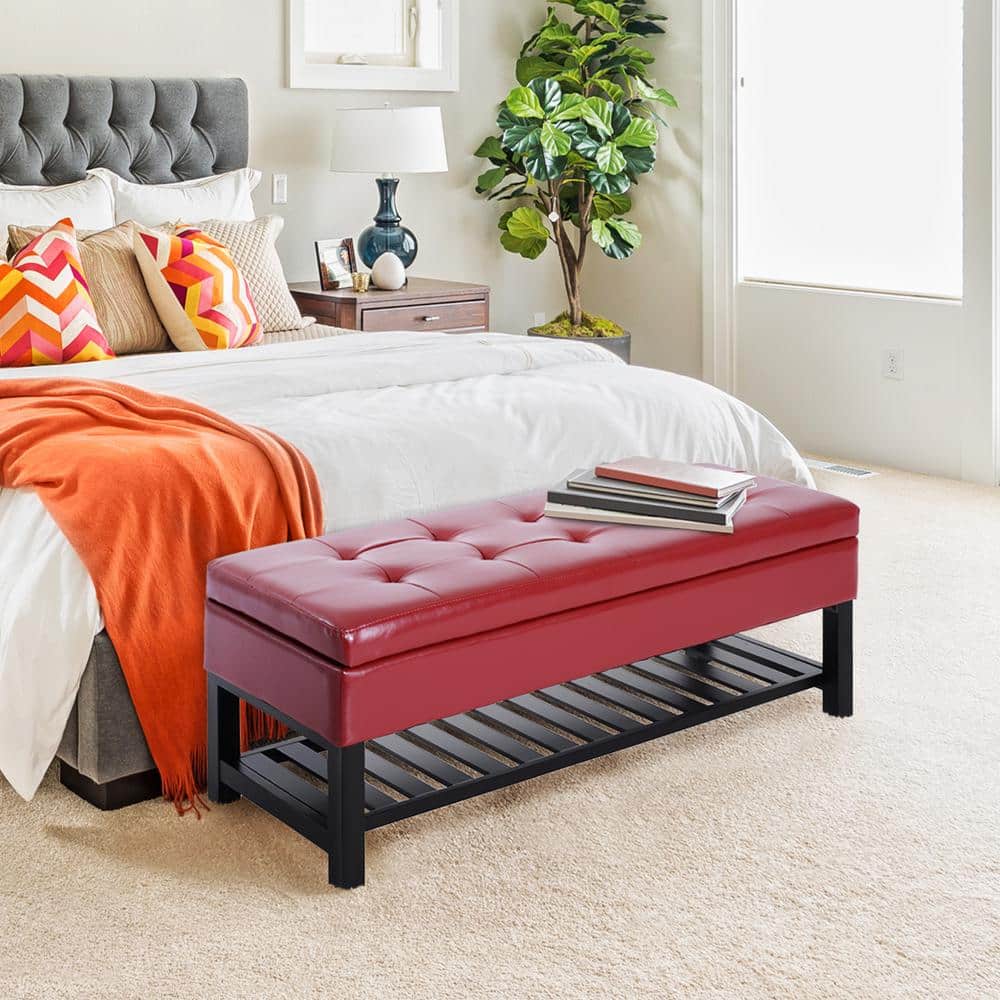 Elegant Crimson Red Faux Leather Ottoman Storage Bench with Shoe Rack