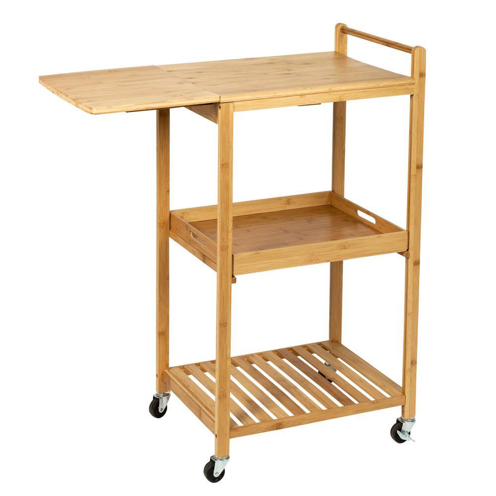 Compact Bamboo Drop-Leaf Kitchen Cart with Locking Casters and Storage