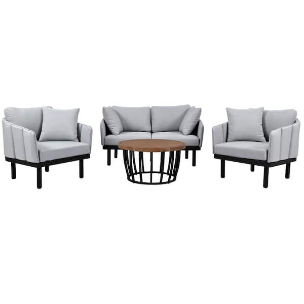Sudzendf 4-Piece Outdoor Iron Frame Conversation Set, Patio Chat Set with Acacia Wood Round Coffee Table with Gray Cushions