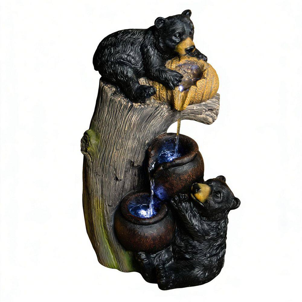 23.60 in. Electric Brown Grey Resin Bear Cascade Fountain with LED