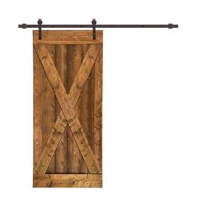 Distressed X 38 in. x 84 in. Walnut Stained Solid Knotty Pine Wood Interior Sliding Barn Door with Hardware Kit