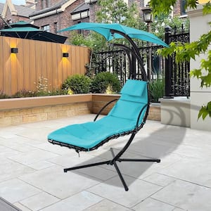 Black Metal Outdoor Swing Chaise Lounge with Removable Canopy and Blue Cushion