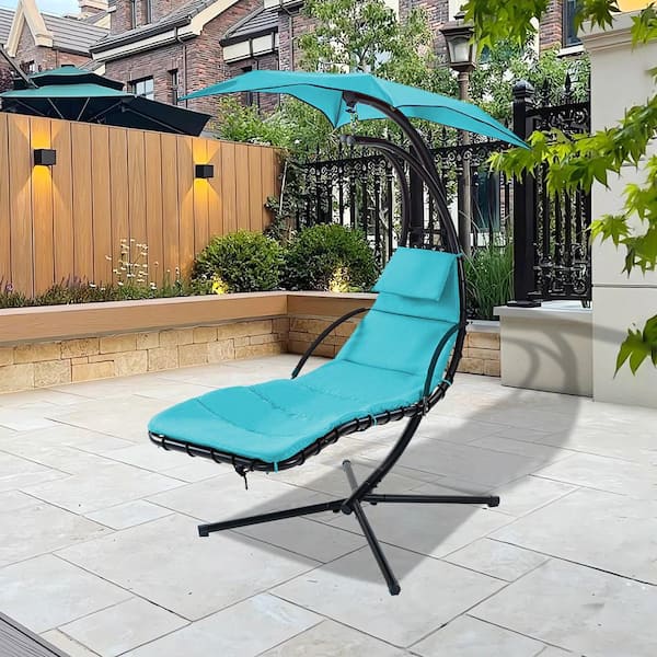 Cesicia Black Metal Outdoor Swing Chaise Lounge with Removable Canopy and Blue Cushion