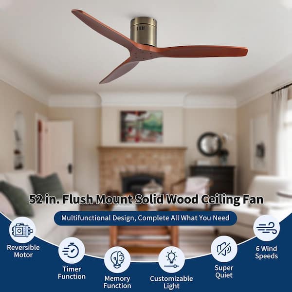LINJO 52 in. Black 3 Wood Blades Flush Mount Standard Ceiling Fan