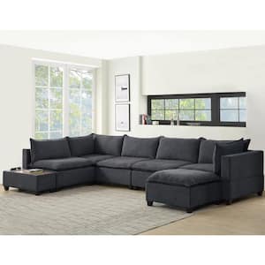 157 in. Dark Gray Fabric Modular Sectional Sofa Chaise with USB Storage Console Table