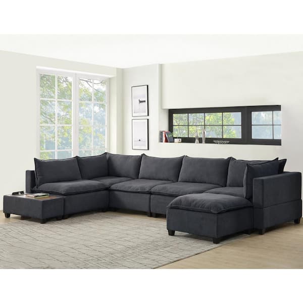 Magic Home 157 in. Dark Gray Fabric Modular Sectional Sofa Chaise with USB Storage Console Table