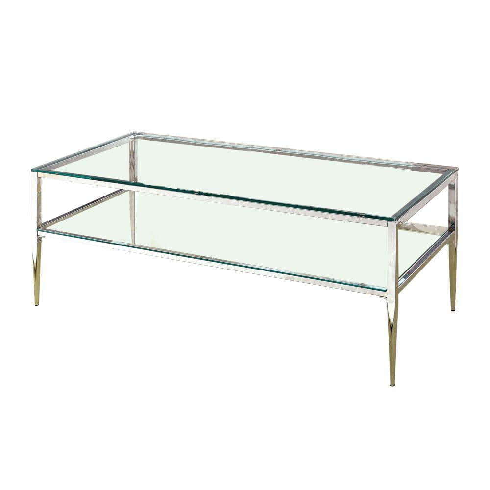 Benjara 24 In Silver And Clear Standard Rectangular Glass Coffee Table With Tapered Legs