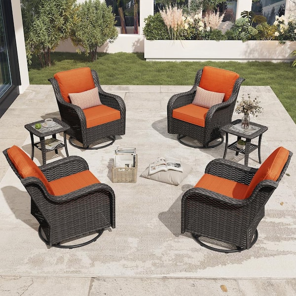 XIZZI Aditi Brown 6-Piece Wicker Patio Conversation Seating Sofa Set with Orange Red Cushions and Swivel Rocking Chairs