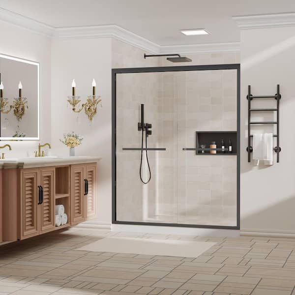 Peorsily 56 in. - 60 in. W x 72 in. H Double Sliding Framed Shower Door with Nano-Coated Easy-Clean Tempered Glass in Matte Black