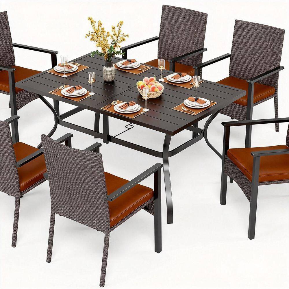 HDPE 7-Piece Outdoor Dining Set with a Rectangular Table and 6 Textilene Chairs Black and Teak