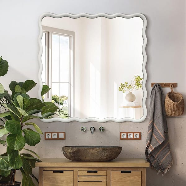 36 in. W x 36 in. H Square White Wood Framed Wavy Wall Mirror