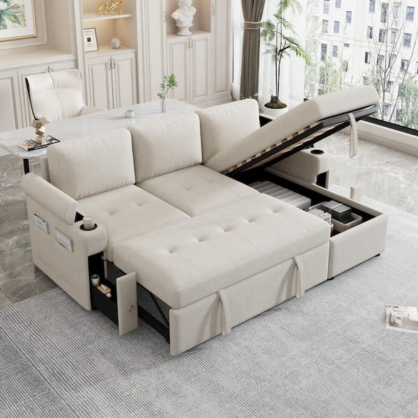 Beige 83.5 in. L-shaped Convertible Chenille Queen Size Sofa Bed with Ample Storage Space, 2 Cup Holders and 2 USB Ports