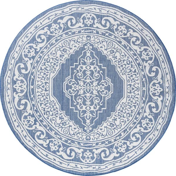 Tayse Rugs Eco Floral Blue 8 ft. Round Indoor/Outdoor Area Rug ECO1602 ...