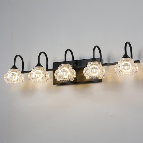 Retro 29.1 in. 5-Light Black Bathroom Vanity Light with Crystal Glass Shade