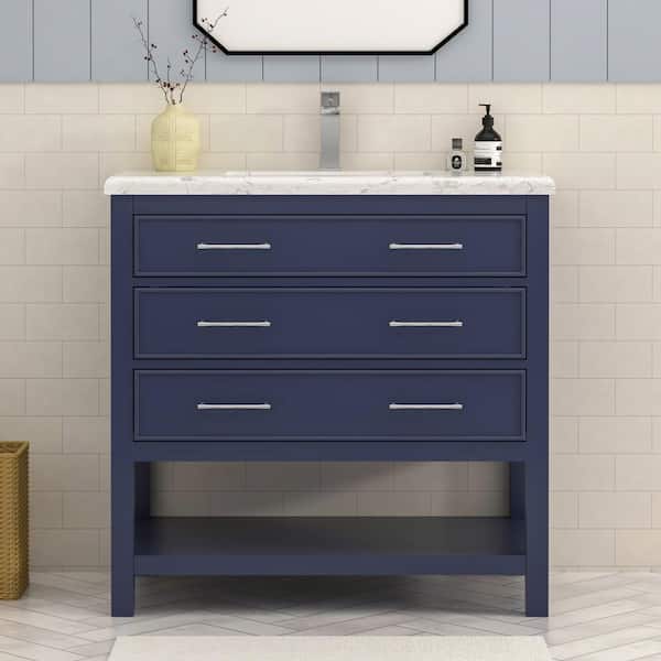 HOMEVY STUDIO Smania 36 in. W x 22 in. D x 35.63 in. H Single Sink Freestanding Bath Vanity in Marine Blue with Carrara Marble Top