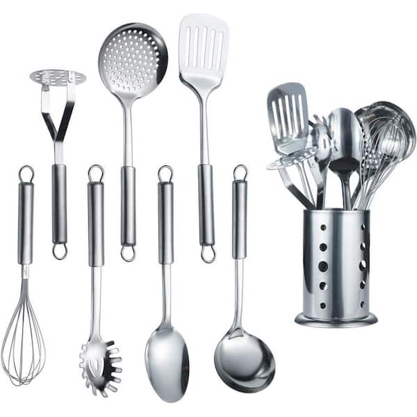 Adrinfly 8-Piece Stainless Steel Cooking Utensil Set with Stand Mirror Finish Includes Ladle Skimmer Slotted Turner Pasta Server