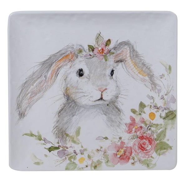 12.5 in. Assorted Colors Sweet Bunny Multicolored Earthenware Square Platter
