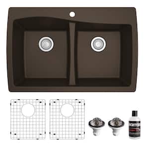 QT-720 Quartz/Granite 34 in. Double Bowl 50/50 Top Mount Drop-In Kitchen Sink in Brown with Bottom Grid and Strainer