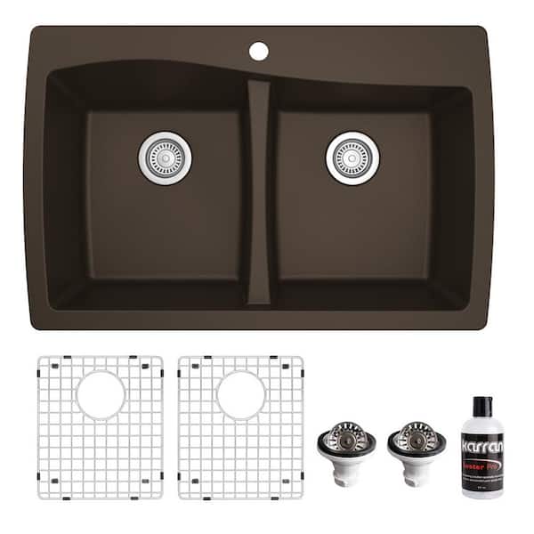 Karran QT-720 Quartz/Granite 34 in. Double Bowl 50/50 Top Mount Drop-In Kitchen Sink in Brown with Bottom Grid and Strainer