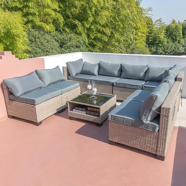 Unbranded 9-Piece All-Weather Boho Outdoor Patio Conversation Set with Metal Frame and Grey CushionGuard Cushions