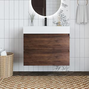 30 in. W x 18 in. D x 25 in. H Single Sink Wall Mounted Bath Vanity in Walnut with White Cultured Marble Top