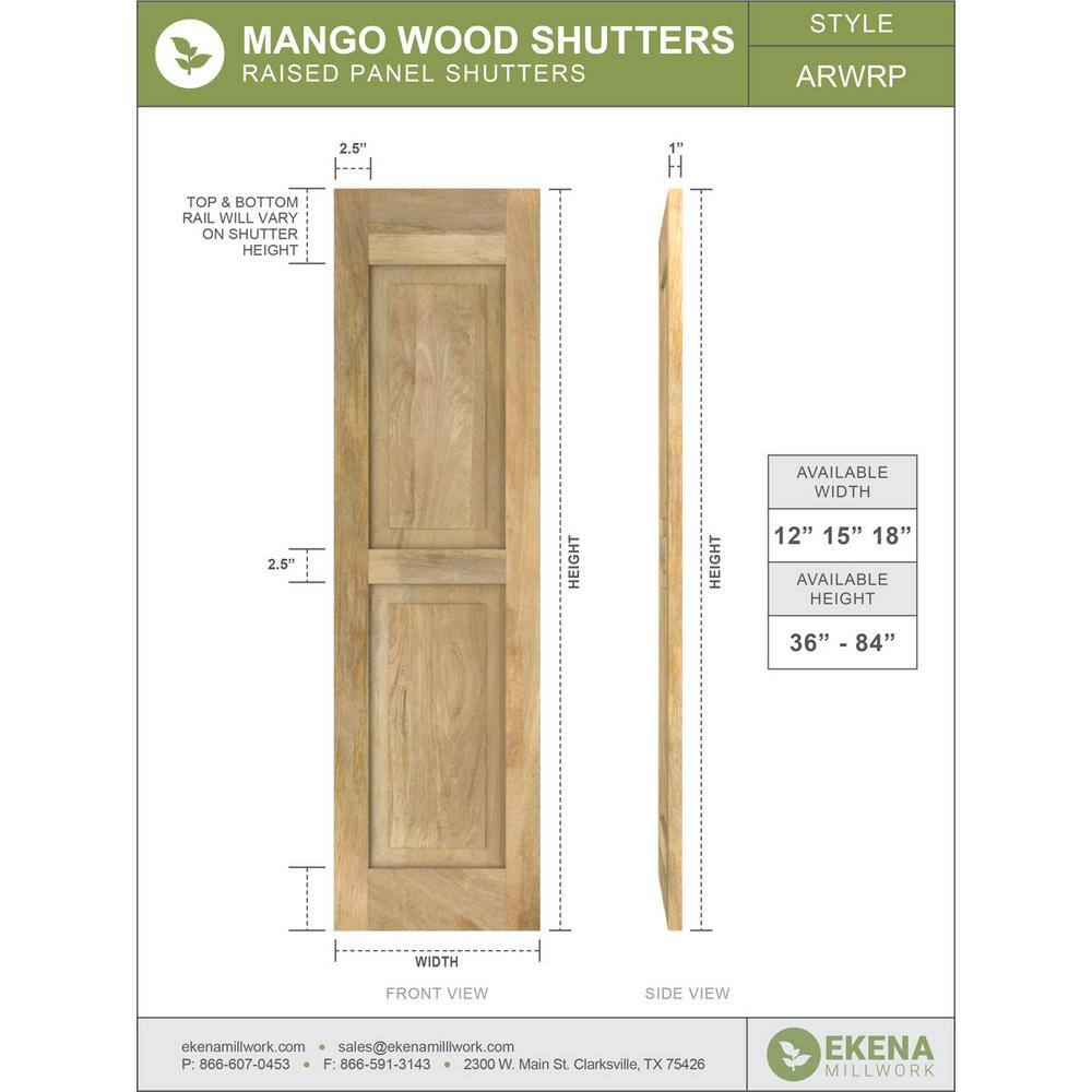 Ocean Swell Mango Wood Raised Panel Exterior Shutters, 12" x 58"