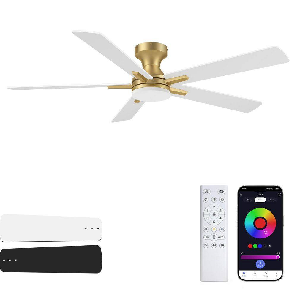 52 in. Smart Outdoor Indoor Gold Flush Mount Ceiling Fan with RGB LED Dimmable Lights and APP/Remote Control, 6-Speeds price history on PriceWatchPro