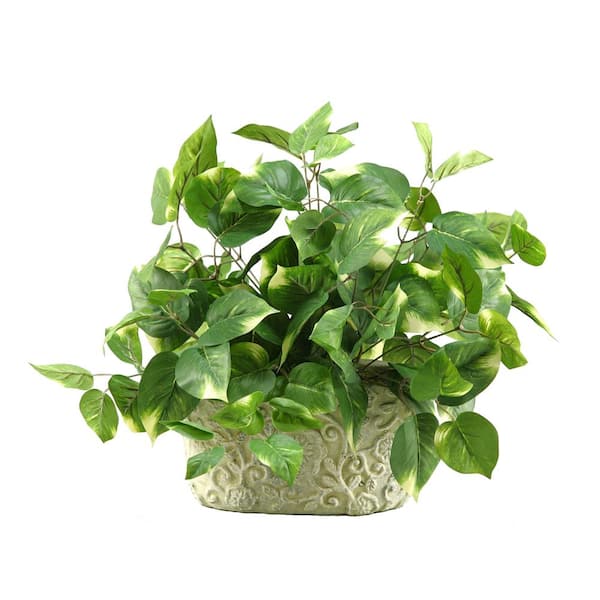D&W Silks Artificial Indoor Pothos in Oblong Ceramic Planter