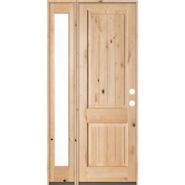 Krosswood Doors 44 in. x 96 in. Rustic Unfinished Knotty Alder Square-Top VG Left-Hand Left Full Sidelite Clear Glass Prehung Front Door