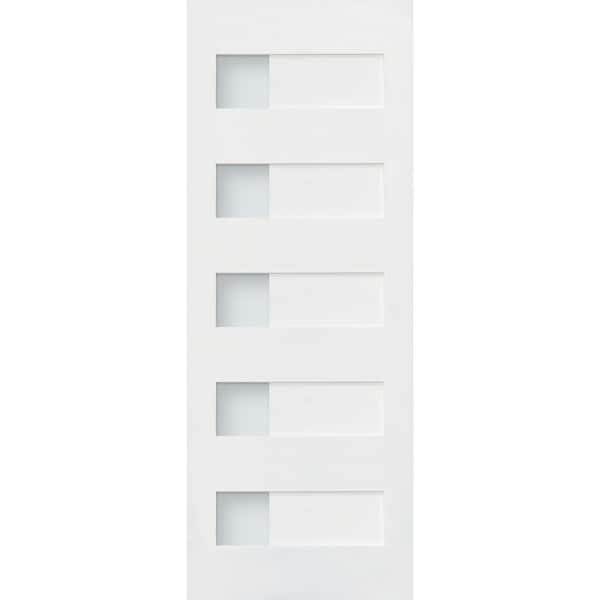 32 in. x 80 in. Left-Handed 5-Half Lite Wood Satin Etch Primed Solid Core MDF Single Prehung Interior Door