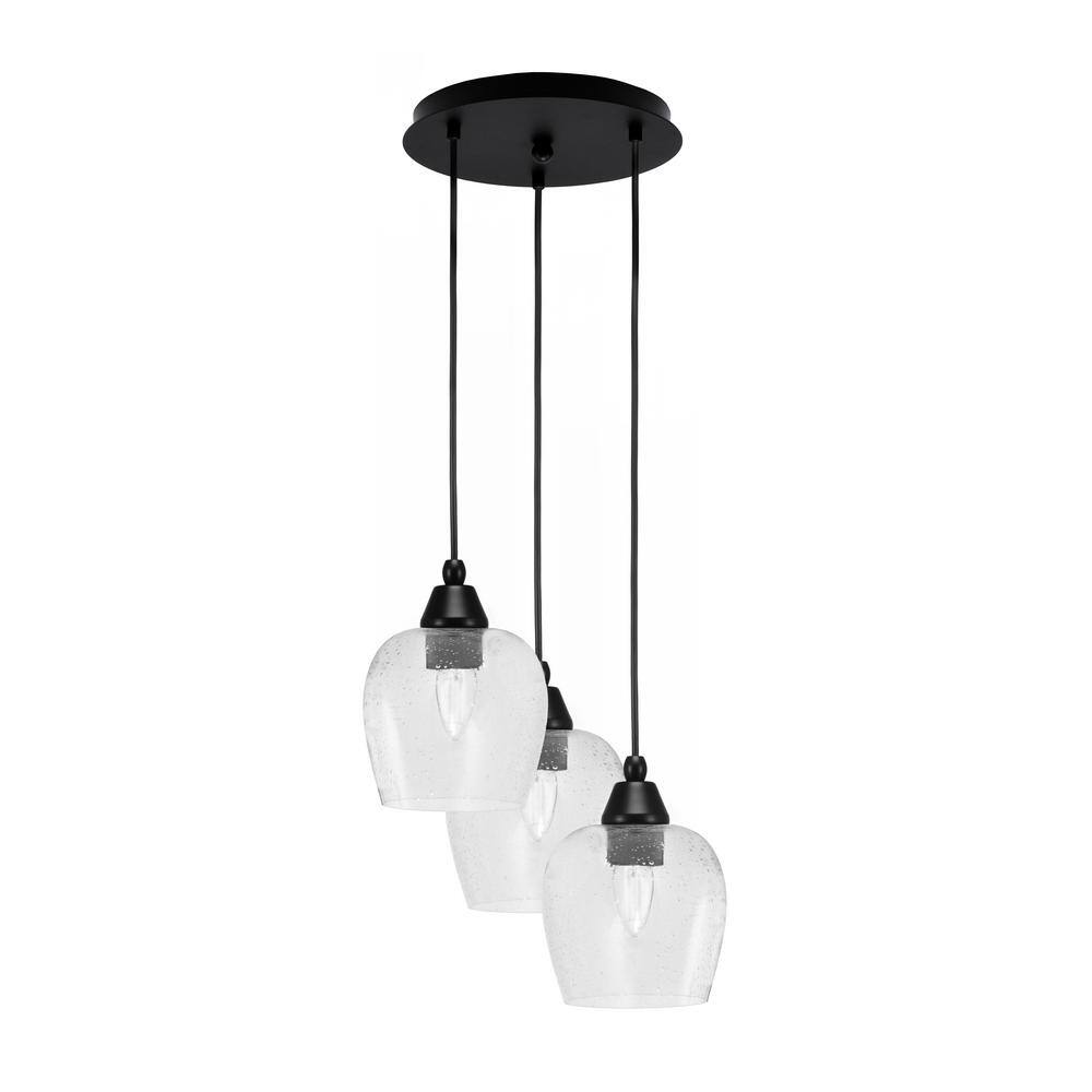 Savannah 9.75 in. 3-Light Matte Black Cord Pendant Light Clear Bubble Glass