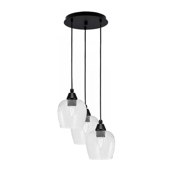 Savannah 9.75 in. 3-Light Matte Black Cord Pendant Light Clear Bubble Glass Shade