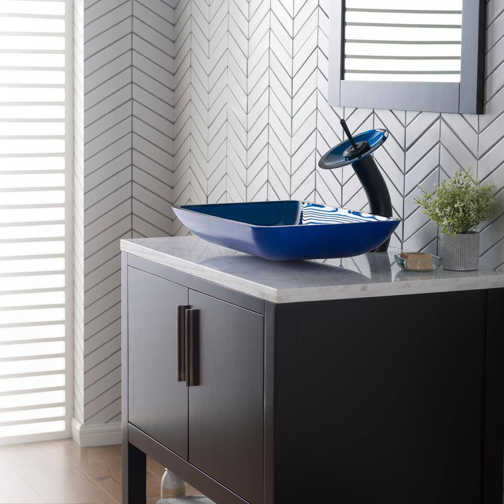 Fire Blue Rectangular Glass Vessel Sink with Waterfall Faucet
