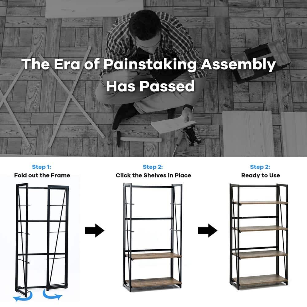 Brown Wire 4-Tier Folding Bookshelf with Industrial Design