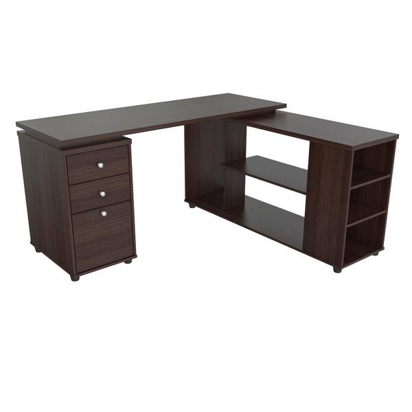 Inval 60 in. Espresso L-Shaped 3 -Drawer Computer Desk with Open Storage area