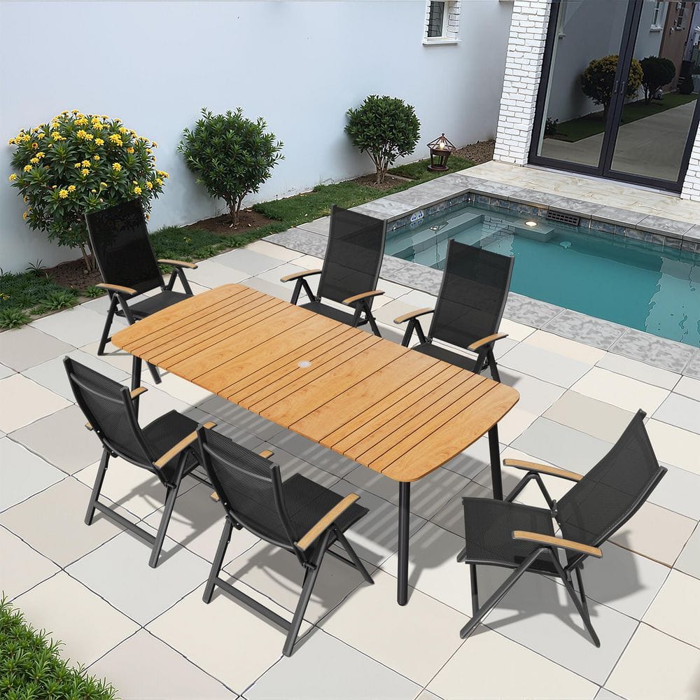 Brown 7-Piece 81.5 in. Aluminum Wood-Like Patio Outdoor Dining Set, with Umbrella Hole Table and Folding Recline Chairs price history on PriceWatchPro