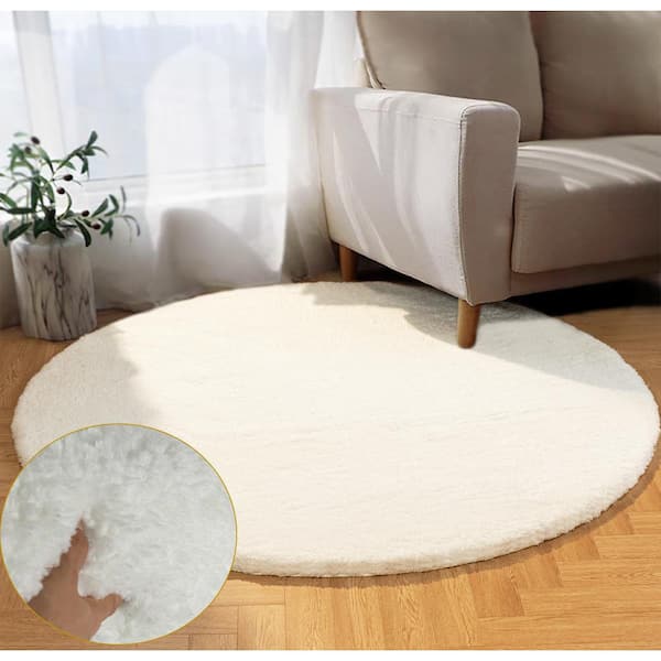 GHDG Solid Shag White 3 ft. Furry Plush Round Rug Area Rug