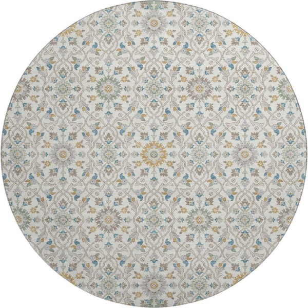 Mayfield Premium Machine Washable Abstract AMF2199 Ivory 8 ft. x 8 ft. Round Rug