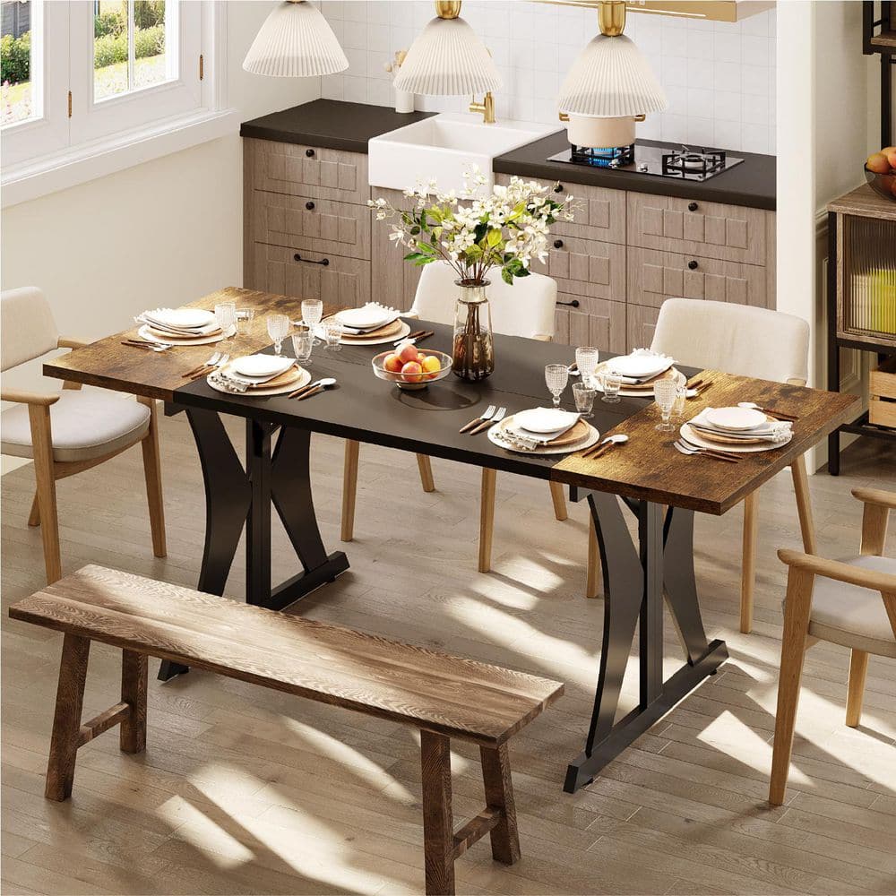 70in Rectangular Rustic Brown Computer Desk with X-Shape Steel Legs, Chipboard Study Writing Table for Home Office.