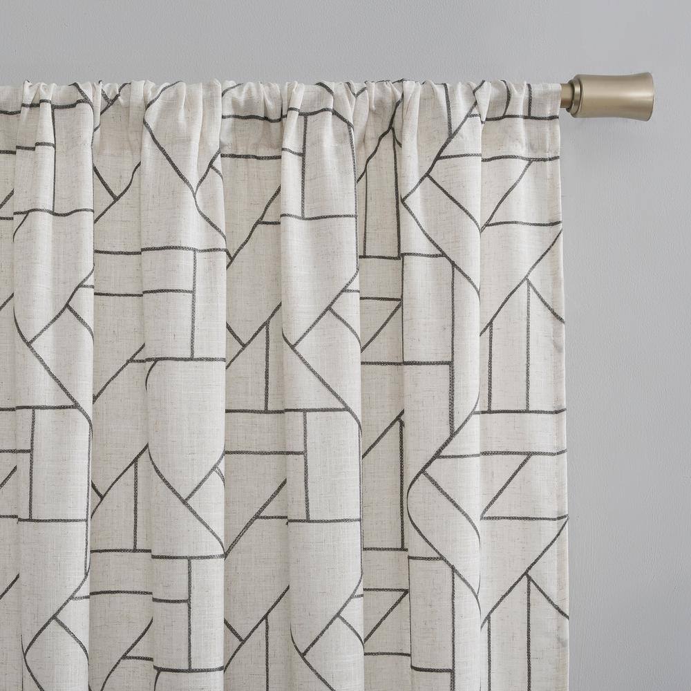 Gray and Linen Geometric Embroidered Sheer Curtain Panel, 50" x 108"