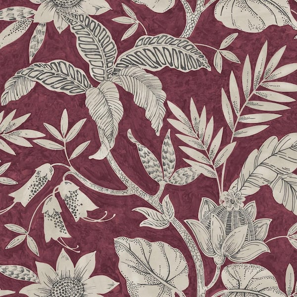 Seabrook Designs Rainforest Leaves Cranberry and Stone Botanical Paper Strippable Roll (Covers 60.75 sq. ft.)