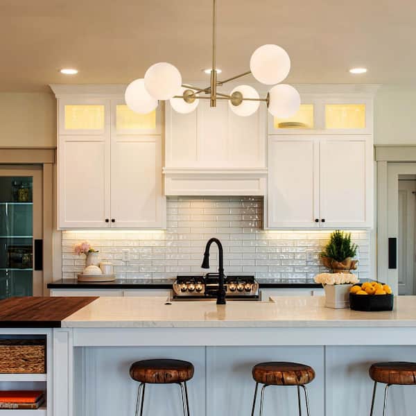 Lucie 6-Light Brushed Gold Sputnik Dining Room Chandelier with Etched Opal Glass Shades